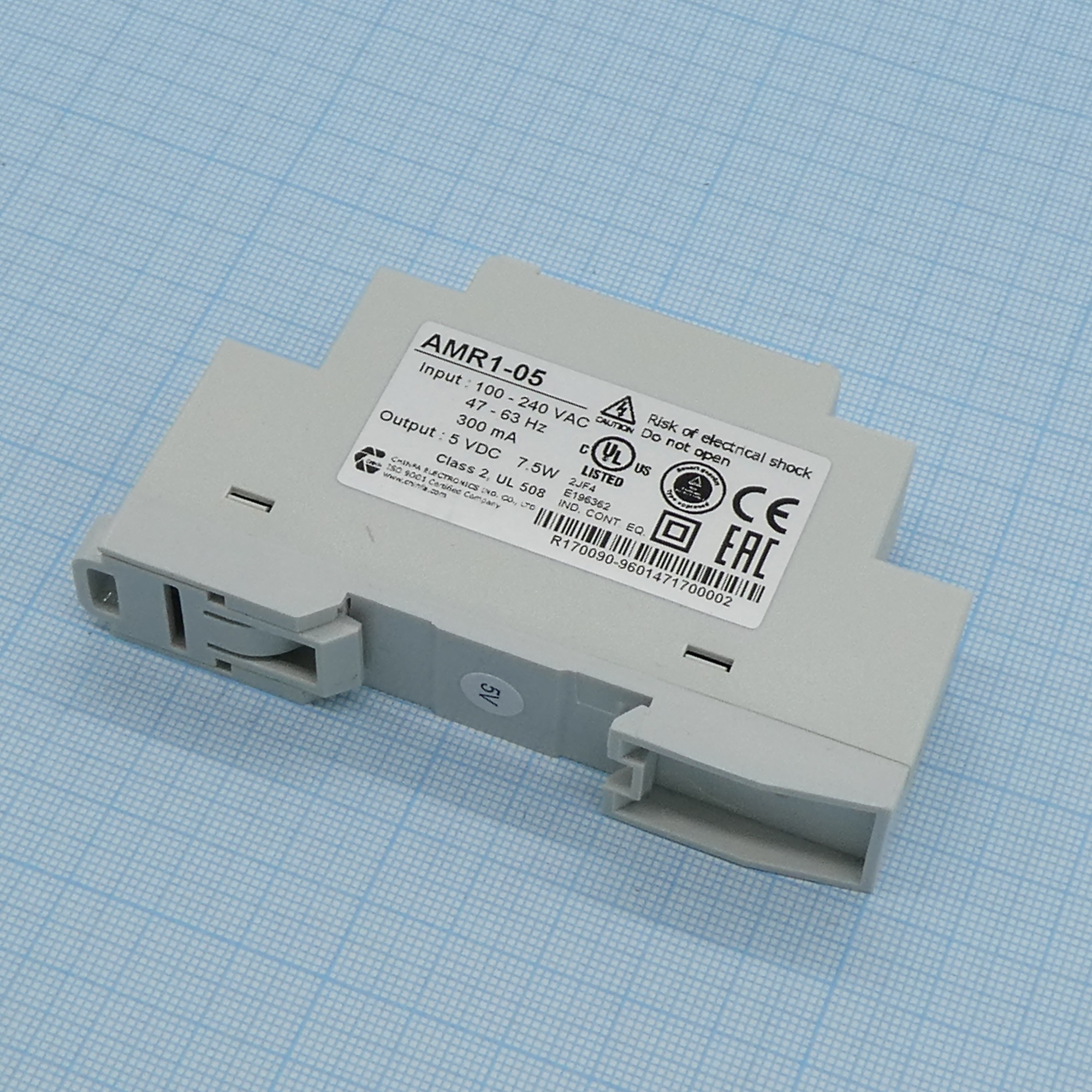 AMR1-05 - AC-DC, DIN-рейка, 7,5Вт, вход 90…264В AC, 47…63Гц или 120…375В DC, выход 5В/1,5А, изоляция 3000В AC, 91х18Х57мм), -40…+71°С