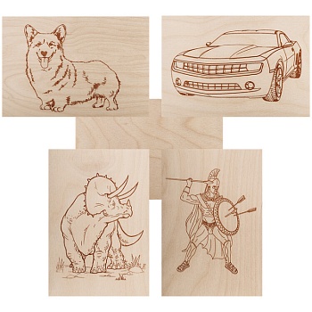 Доски для выжигания REXANT, «Набор №2» (воин/динозавр/собака/машина/без рисунка), 148х210 мм (А5), 5 шт., пакет 12-0937