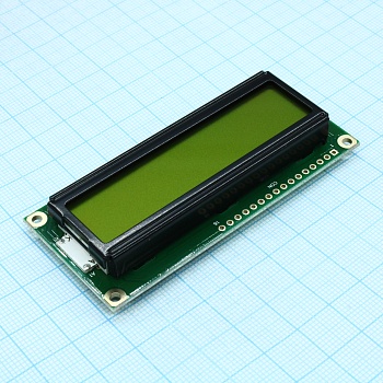 WH1602B-YYH-CTK# - ЖКИ знакосинтезирующий 16 x 2, STN Желто-зеленый Позитивный/прозрачно-отражающий светодиодная подсветка желто-зеленая размеры 80x36 мм, видимая область 66x16 мм, -20...70°C