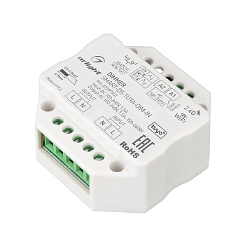 Диммер SMART-D5-TUYA-DIM-IN (230V, 1.5A, TRIAC, WiFi, 2.4G) 032991(1) - TRIAC диммер, предназначенный для управления диммируемыми источниками света с напряжением питания 230В. Управляется пультами и панелями серии SMART. Поддерживает функцию Push-Dim. Инт