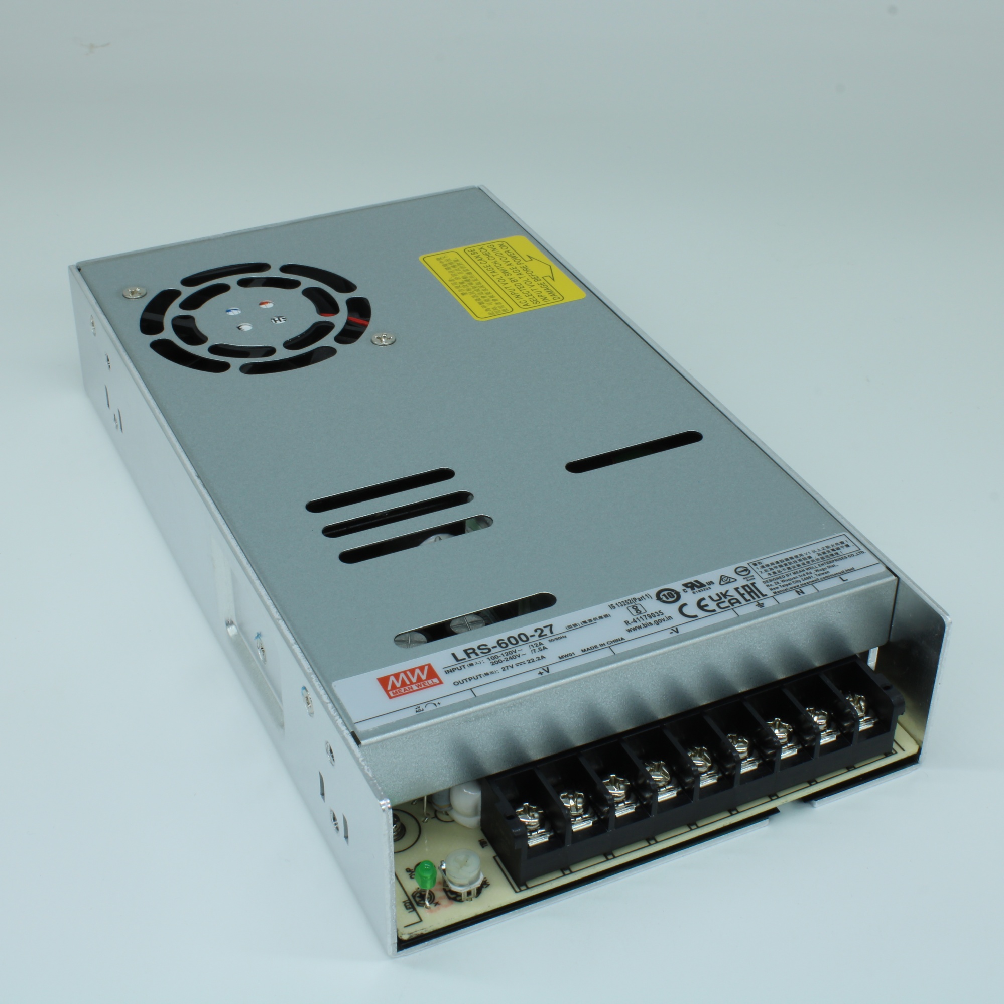 LRS-600-27 - AC-DC, 599.4Вт, вход 90…264В AC (переключатель), 47…63Гц, выход 27В/22.2A, рег.вых=25.65…29.7В, изоляция 3000В AC, в кожухе 225х124х41мм, -20…+65°С