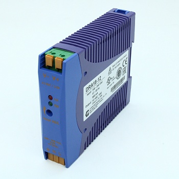 DRA18-12 - Преобразователь AC-DC на DIN-рейку  18Вт, выход 12В/1.5A, рег. вых 10.8…13.8В, вход 90…265V AC, 47…63Гц / 120...370V DC , изоляция 3000V AC, : 115х90х23мм, -20…+71°С, пружинные клеммы
