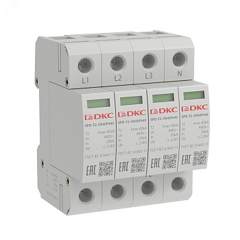 УЗИП, тип 2, 4 полюса, Imax 40kA, со сменным      модулем, Un 440V SPD-T2-3N40P440