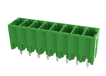 Вилочный разъем на плату MC-PA3.81V08-L-0002 - Вилочный разъем, вертикальный, на плату, шаг: 3.81 мм, 8 полюсов, фиксация на плате пайкой, исполнение: ступенчетого типа, 160V, 8A, цвет: зеленый