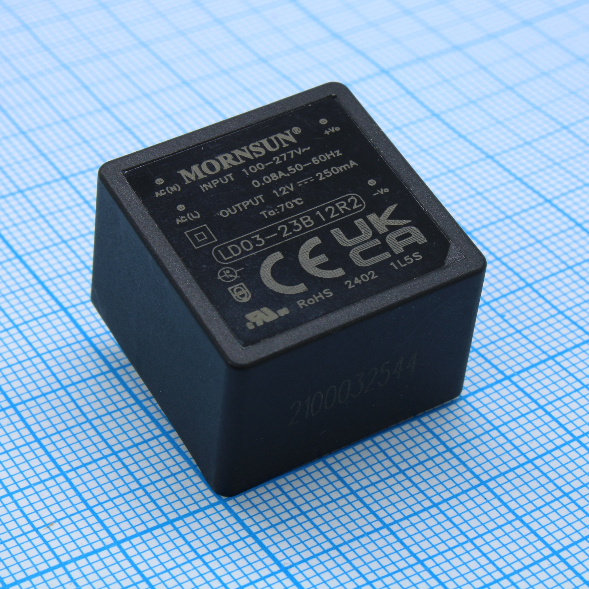 LD03-23B12R2 - AC-DC, 3Вт, вход 85…305В AC 47…63 Гц, 100…430B DC, выход 12В/0.25А, изоляция 4000В AC, КПД 77%, в корпусе на плату 25.4х25.4х17.6мм, -40...+85°C