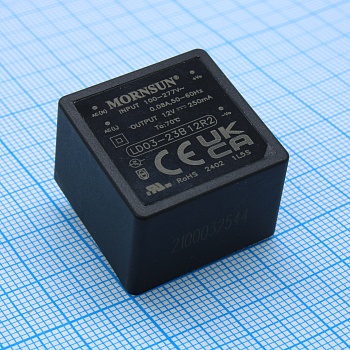 LD03-23B12R2 - AC-DC, 3Вт, вход 85…305В AC 47…63 Гц, 100…430B DC, выход 12В/0.25А, изоляция 4000В AC, КПД 77%, в корпусе на плату 25.4х25.4х17.6мм, -40...+85°C
