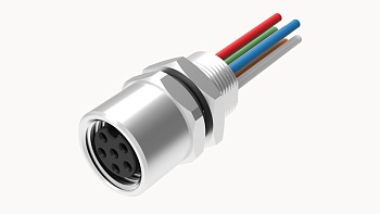 Розеточный разъем SD-M8A-04P-FF-SH7B50 - Розеточный разъем в панель, 4 полюса, M8, гайка сзади, с проводом, A-Code, сечение проводовников: 0.25 мм кв., (цвет проводовников: коричневый, белый, синий, черный), 3А, 60V, M8*0.5, металл