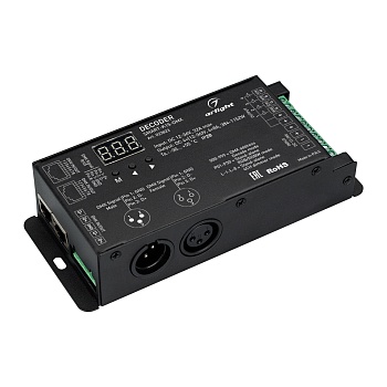 Декодер SMART-K15-DMX (12-36V, 4x8A) 023823 - Декодер DMX512 для трансляции DMX512 сигнала ШИМ(PWM) устройствам. Питание 12-36VDC. 4 канала, ток нагрузки 4x8A, мощность нагрузки 384-1152W. Входной сигнал DMX512, выходной сигнал ШИМ(PWM). XLR3 разъем подкл
