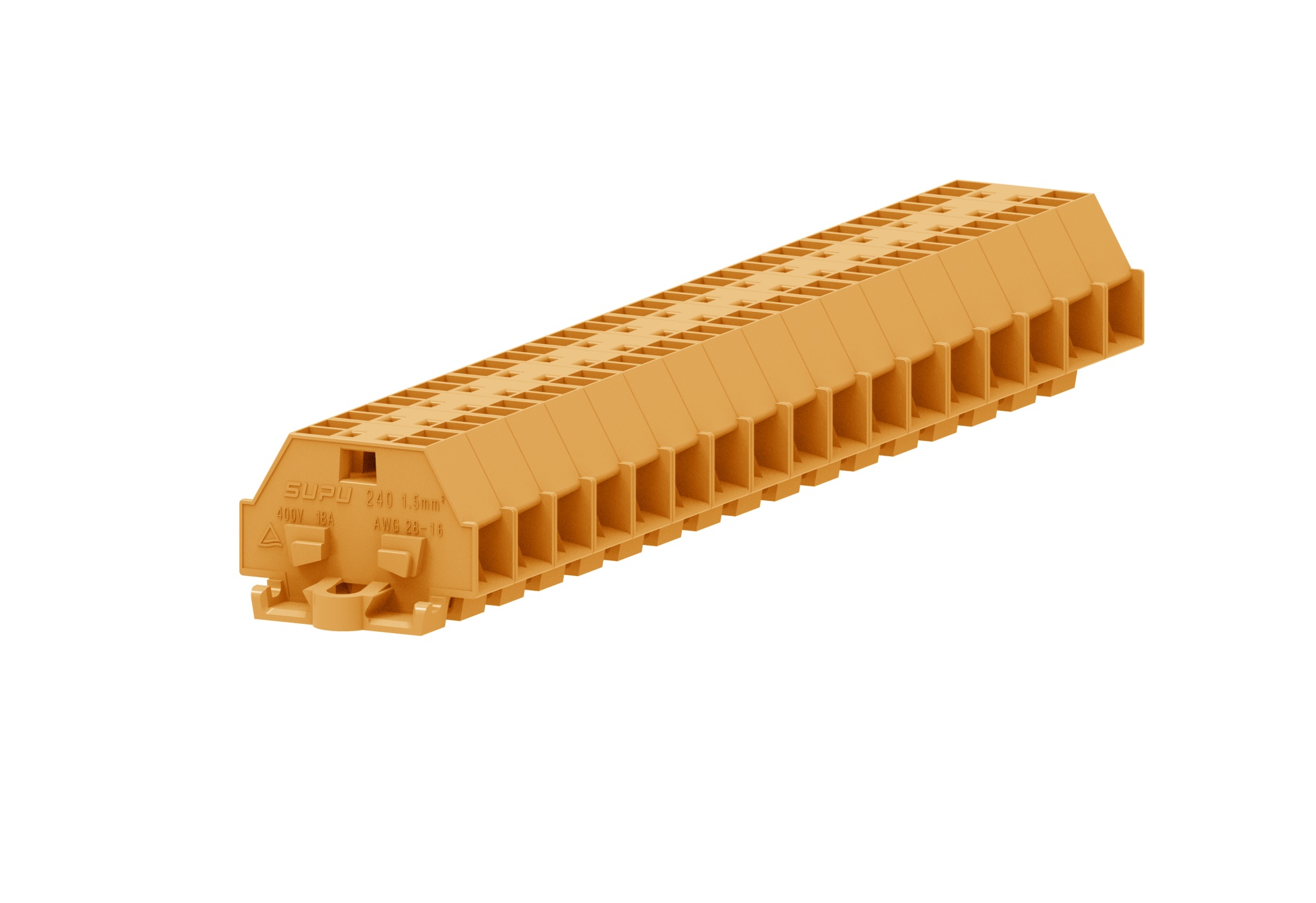 Клемма мини 240332 - Мини клемма, боковой подвод кабеля, 4 точки подключения в клемме, тип фиксации провода: пружинный, номинальное сечение: 1,5 мм кв., 18A, 400V, цвет: оранжевый, тип монтажа: монтажные фланцы