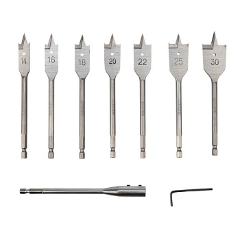 Набор сверл перовых по дереву 9 предметов: 14-16-18-20-22-25-30х152 мм, удлинитель, ключ угловой KR-91-0762