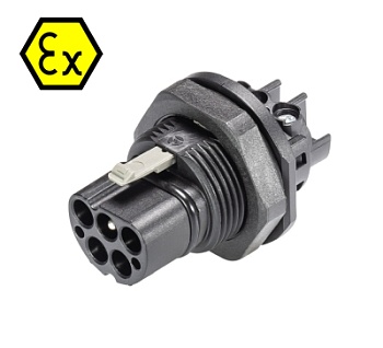 Разъём Male RST20I5SXS1 M.. взрывозащита - Взрывозащищенный вилочный разъем в панель, М25, IP68(69k), 5 полюсов, винтовая фиксация провода, номинальные характеристики: 250/400V, 20A, цвет: черный, серия RST Ex