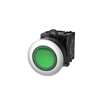 Кнопка плоская (зеленая) TS2021-0AM20 - Кнопка круглая плоская, без блокировки, с подсветкой, алюминиевое переднее кольцо, без контактной группы, диаметр головки кнопки 29,5 мм, диаметр посадочного отверстия: 22 мм, цвет: зеленый