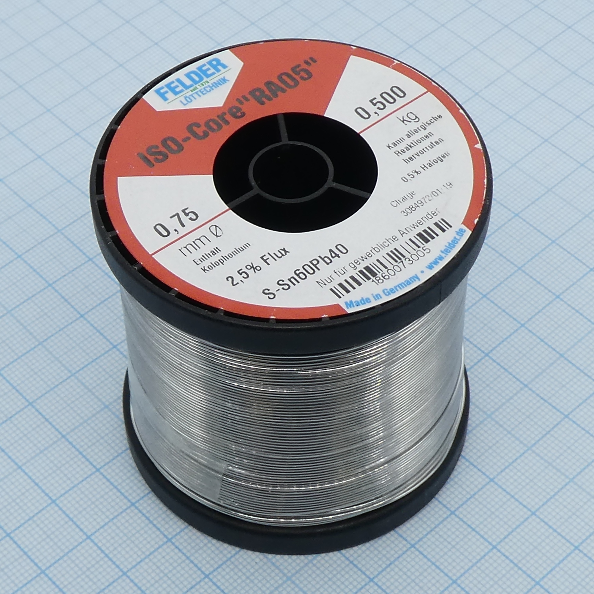 Припой Sn60Pb40 RA05  0.75мм 500гр - Припой трубчатый оловянно-свинцовый ПОС61, 2.5% флюс RA05 активный с низким содержанием галогенов (ROM1)
