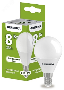 Лампа светодиодная G45 шар 8Вт 230В 4000К E14 GENERICA LL-G45-08-230-40-E14-G