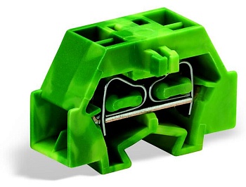 Клемма мини 240357 - Мини клемма, боковой подвод кабеля, 4 точки подключения в клемме, тип фиксации провода: пружинный, номинальное сечение: 1,5 мм кв., 18A, 400V, цвет: желто-зеленый, тип монтажа: DIN15
