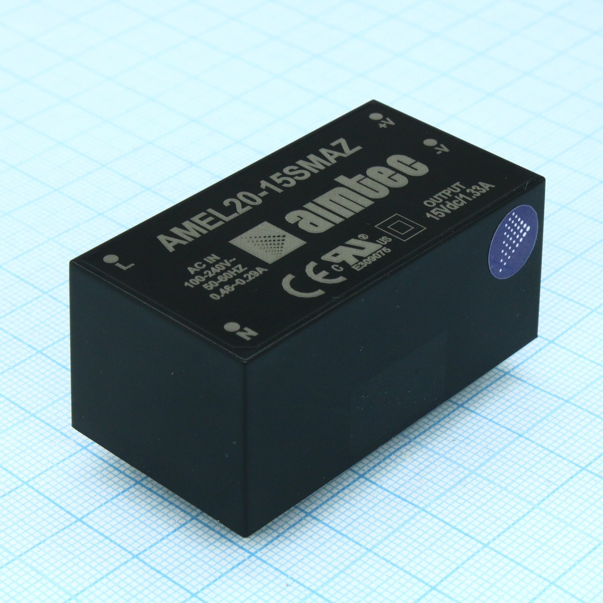 AMEL20-15SMAZ - AC/DC, 20Вт, вход 90…264В, выход 15В/1.33А, изоляция 4000В AC, КПД 81%, максимальная емкостная нагрузка не более 2200мкФ, 56.48x30.86x25.1мм, -40…70°C, пластик