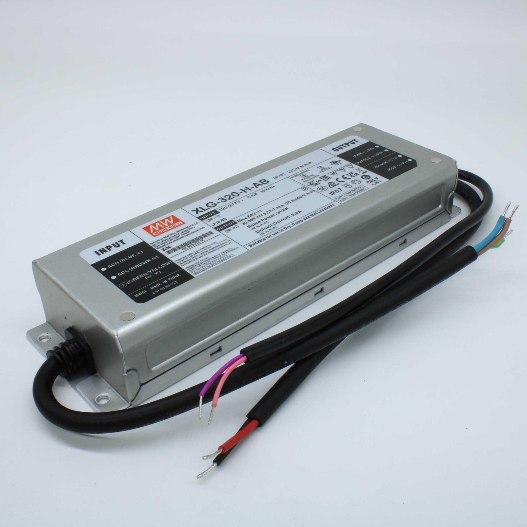 XLG-320-H-AB - AC-DC, 312Вт, стабилизатор тока, IP67, вход 100…305В AC, 47…63Гц, ККМ, выход 5600(2800…7420)мА/30…56В, изоляция 3750В AC, в кожухе 246х77х39.5мм, -40…+85°С (корпус), встр. потенциометр, димминг 3 в 1