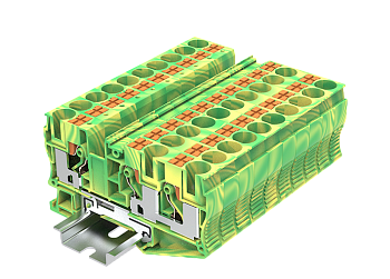Заземляющая клемма TP10-3-PE - Заземляющая клемма, 3 точки подключения, тип фиксации провода: push-in, номинальное сечение: 10 мм кв., ширина: 10,2 мм, цвет: желто-зеленый, тип монтажа: DIN 35