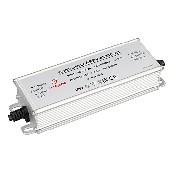Блок питания ARPV-48200-A1 (48V, 4.2A, 200W) 034690 - Источник напряжения с гальванической развязкой для светодиодных изделий. Входное напряжение 200-240 VAC. Выходные параметры: 48 В, 4.2 А, 200 Вт. Встроенный PFC >0,5. Герметичный алюминиевый корпус IP 