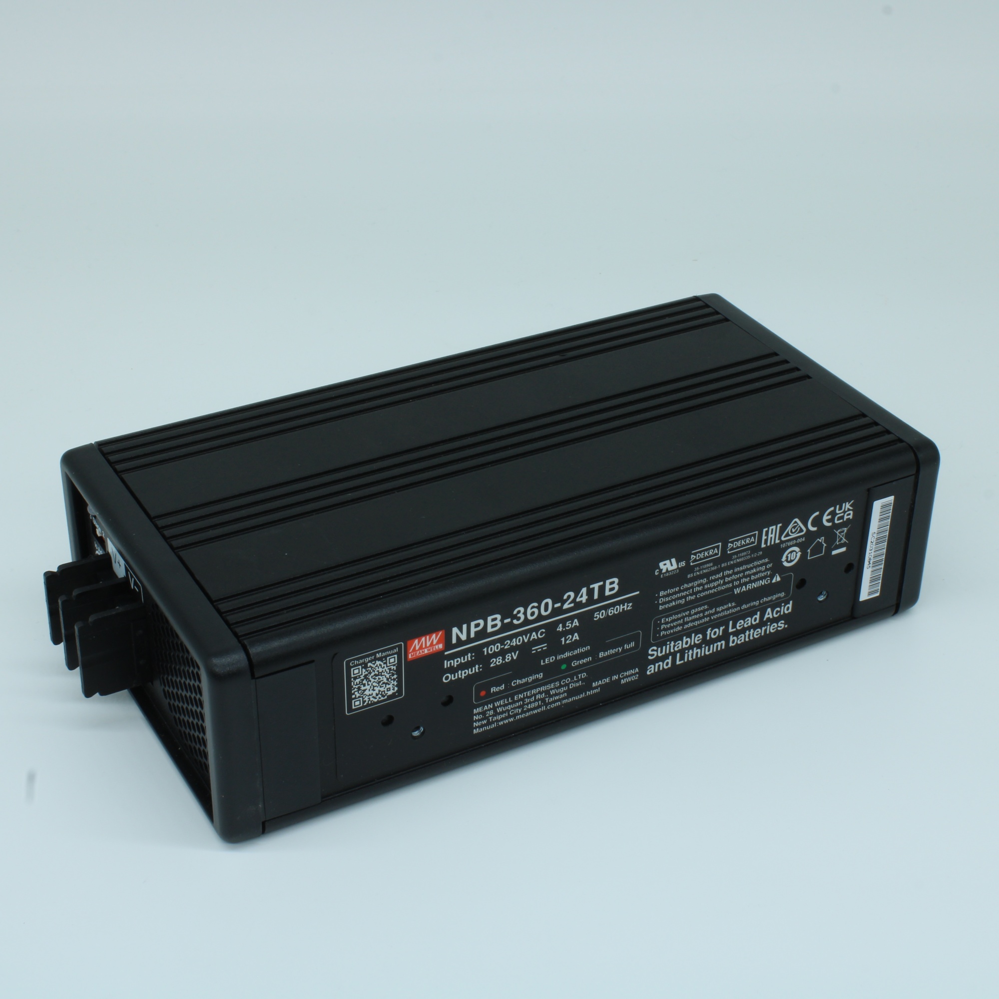 NPB-360-24TB - AC/DC зарядное устройство, 28.8V/12A, вход 90…264VA C, 47…63Гц /127…370В DC, изоляция 3000В AC, PFC, для свинцовых (обслуживаемых, гелевых, AGM) и Li-ion (Fe, Mn), 3 стадии заряда, 182.7*96*49мм, -30…+70°С