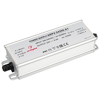 Блок питания ARPV-24200-A1 (24V, 8.3A, 200W) 033092 - Источник напряжения с гальванической развязкой для светодиодных изделий. Входное напряжение 200-240 VAC. Выходные параметры: 24 В, 8.3 А, 200 Вт. Встроенный PFC >0.5. Герметичный алюминиевый корпус IP 