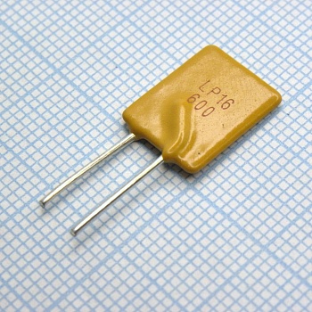 LP16- 600F - Самовосстанавливающийся предохранитель PTC 6A(hold) 10.2A(trip) 16V 100A 2.8W 5.8s 0.009Ohm Radial 11.4 X 3 X 19mm Bag