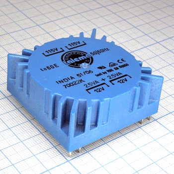 70022K - Тороидальный трансформатор 5ВА 2x115В 2x12В 208мА, для печатного монтажа