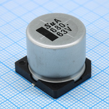 TS13CA1J681MST000R - Конденсатор алюминиевый электролитический 680мкФ 63В ±20% (18 X 16.5мм) для поверхностного монтажа 0.08 Ом 1690мА 5000час 105°С автомобильного применения лента на катушке