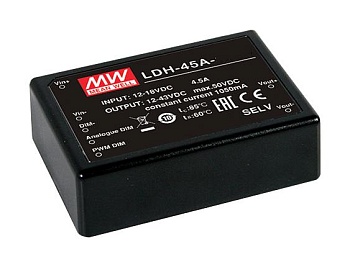 LDH-45A-350DA - DC/DC LED повышающий, вход 9…18В, выход 24…86В/0.35А, КПД до 91%, DALI, 75x53x22.7мм, DIP, -40…60°C, пластик