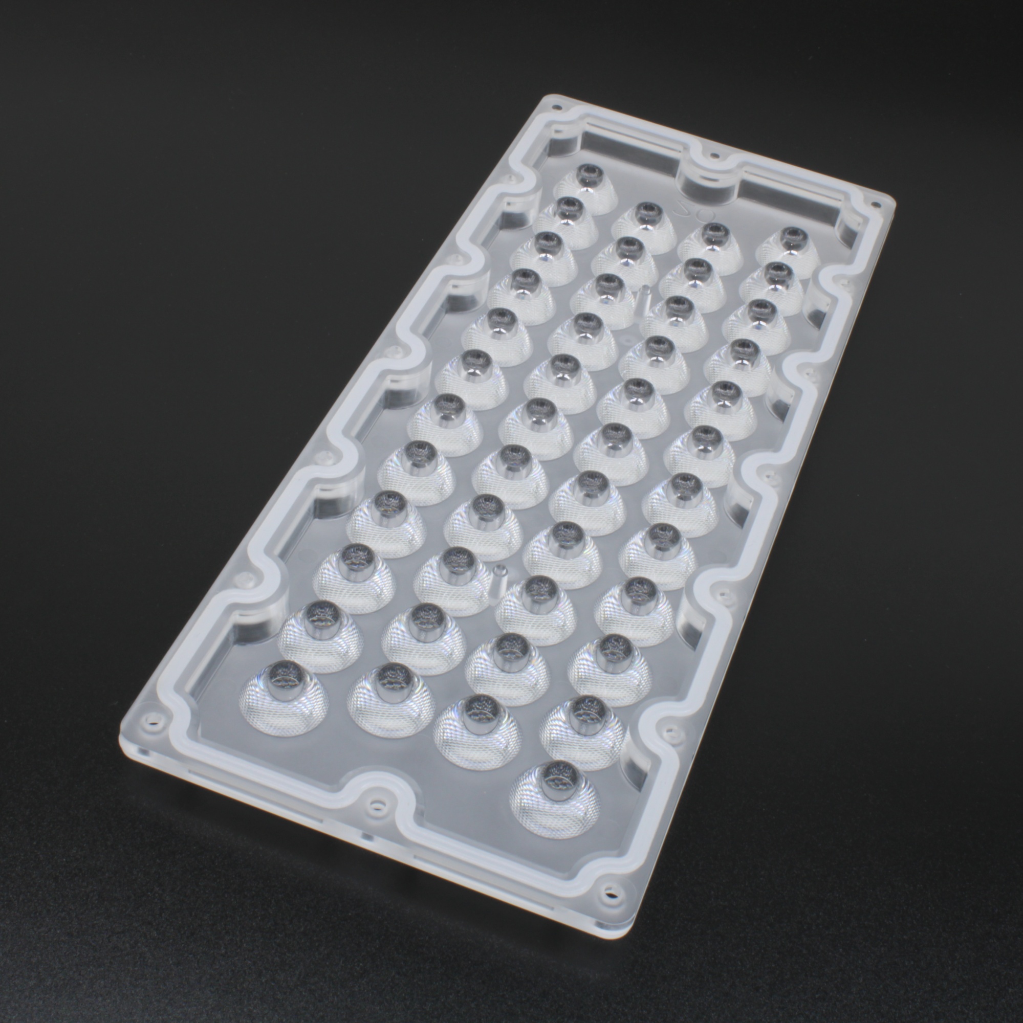 ARHB286D46LED20G - Групповая прямоугольная линза на 46 светодиодов 3030/3535/5050, эфф=90%, диаграмма ~20°, 286mm   H:116mm, PC-1250Z