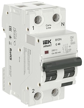 Выключатель автоматический дифференциального тока B10N 1P+NP C40 30мА тип (36мм) ARMAT IEK AR-B10N-1N-C040A030