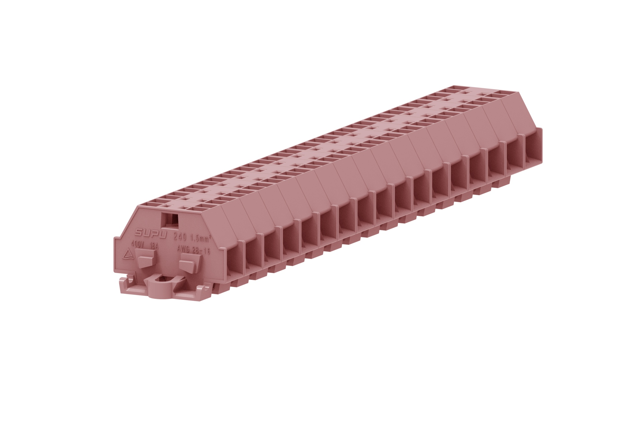 Клемма мини 240339 - Мини клемма, боковой подвод кабеля, 4 точки подключения в клемме, тип фиксации провода: пружинный, номинальное сечение: 1,5 мм кв., 18A, 400V, цвет: розовый, тип монтажа: монтажные фланцы