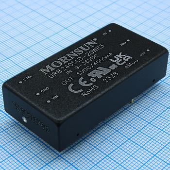 URB2405LD-20WR3 - DC/DC, 20Вт, вход 9…36В, выход 5В/4А, изоляция 1500В DC, КПД 86…88%, максимальная емкостная нагрузка не более 10000мкФ, вход On/Off, 2x1", 50.8x25.4x11.8мм, -40…85°C, металл