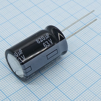 EEUFR1J821 - Конденсатор алюминиевый электролитический 820мкФ 63В ±20% (16 X 25мм) радиальные выводы 7.5мм 2988мА 10000час 105°С Россыпь