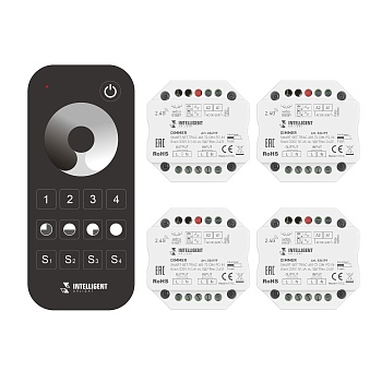 INTELLIGENT ARLIGHT Диммер SMART-SET-TRIAC-601-72-DIM-PD-IN Black (230V, 1x1.5A, x4, ПДУ 10кн, 2.4G) 036199 - Комплект диммера TRIAC с пультом, предназначенный для установки в подрозетник. В комплекте 4 диммера и 4-зонный пульт с сенсорным кольцом. Питани