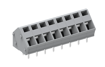 Розеточный разъем на плату 256724 - Клемма, подвод кабеля 45 град., на плату, шаг 5.0 мм, 24 полюса, фиксация провода пружинная, исполнение: два вывода на контакт, 320V, 24A, цвет: серый