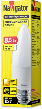 Лампа светодиодная 61 327 NLL-C37-8.5-230-2.7K-E27-FR 8.5Вт свеча матовая 2700К тепл. бел. E27 640лм 176-264В 61327