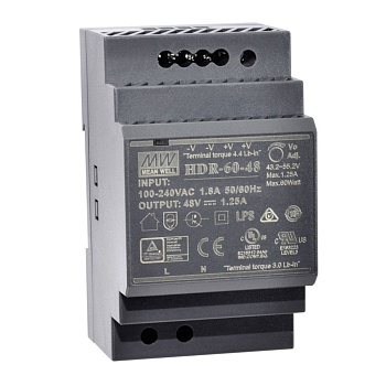 HDR-60-48 - AC-DC, 60Вт, вход 85...264 В AC 47...63Гц/120...370В DC, выход 48В/1.25А, изоляция 3000В AC, в кожухе на DIN-рейку, 52.5х90х54.5мм, -30...+70°С