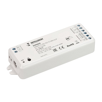 INTELLIGENT ARLIGHT Диммер SMART-0-10V-102-72-MIX-SUF (12-36V, 2x5A) 038182 - Диммер для мультибелых (MIX) источников света (0/1-10V). Питание/рабочее напряжение 12-36VDC, входной/выходной ток 5А на канал, 2 канала, выходная мощность 120-360W. Корпус - PV