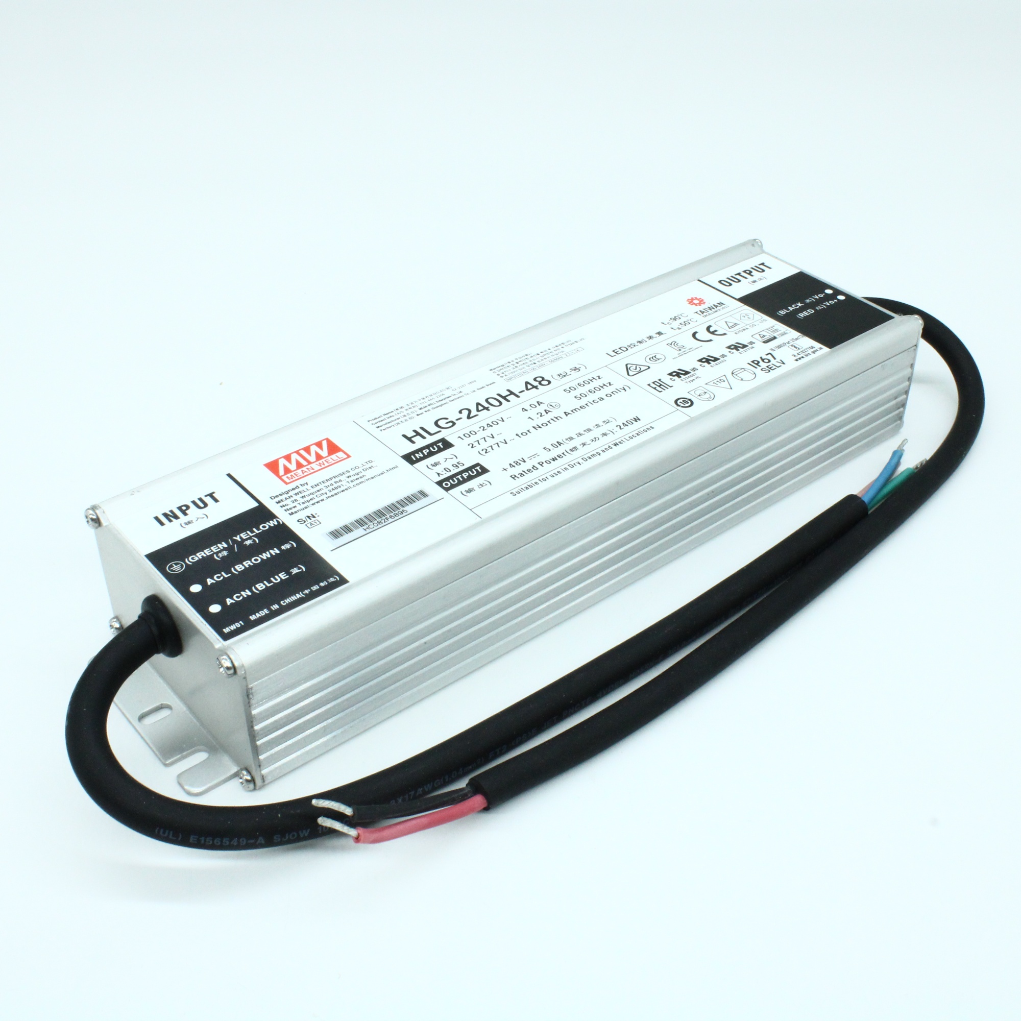 HLG-240H-48 - AC-DC, 240Вт, IP67, вход 90…305В AC, 47…63Гц/127…431В DC, ККМ, выход 48В/5А, изоляция 3750В AC, в кожухе 244х68х39мм, -40…+70°С