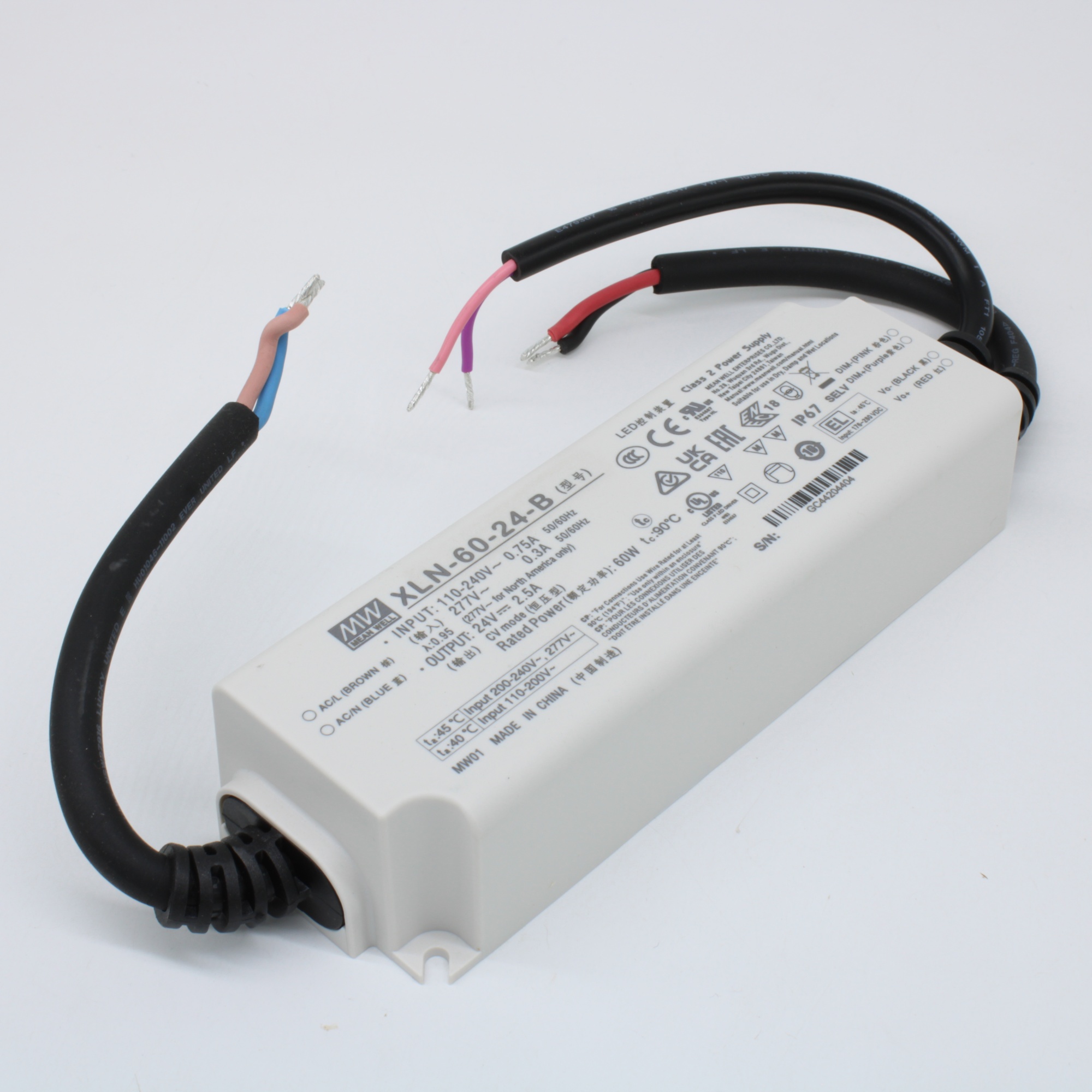 XLN-60-24-B - AC-DC LED-драйвер, CV, 60Вт, вход 100…305В AC, 47…63Гц, выход 24В/2.5А, изоляция 3750В AC, димминг 3 в 1, IP67, 141.5х49х32мм, -25…+90°С