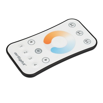 Пульт SMART-R40-MIX (4 зоны, 2.4G) 028143 - Кнопочный радиопульт с сенсорным кольцом 2.4 ГГц белого цвета для управления MIX (CCT) источником света. 4 зоны управления, выбор температуры свечения с помощью сенсорного кольца. Питание 3VDC (CR2032). Габариты
