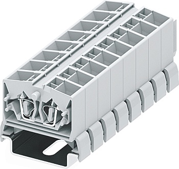 Клемма мини 254383 - Мини клемма, верхний подвод кабеля, 4 точки подключения в клемме, тип фиксации провода: пружинный, номинальное сечение: 2,5 мм кв., 24A, 800V, цвет: светло-серый, тип монтажа: DIN35