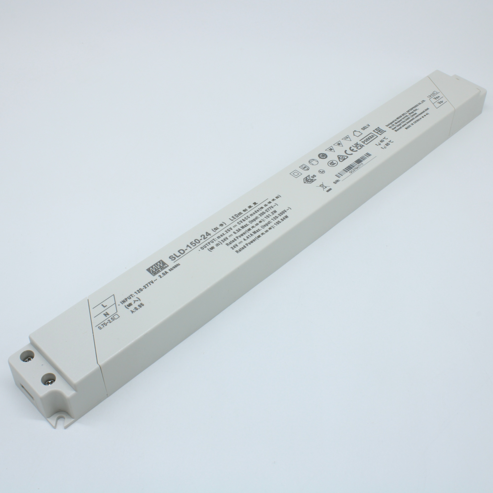 SLD-150-24 - AC-DC, 151.2Вт, вход 120…305В AC, 47…63Гц/170…431В DC, ККМ, 24В/6.3А, изоляция 3750В AC, в кожухе 330х35х22, -40…+80°С (корпус)