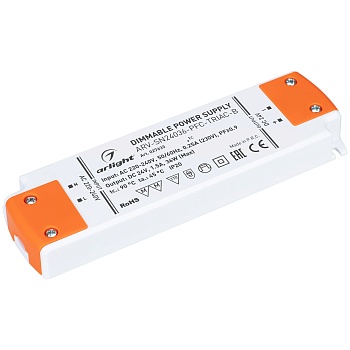 Блок питания ARV-SN24036-PFC-TRIAC-B (24V, 1.5A, 36W) 027633 - Диммируемый источник напряжения по стандарту TRIAC с гальванической развязкой для светодиодных изделий. Входное напряжение 220-240 VAC. Выходные параметры: 24 В, 1.5 А, 36 Вт. Встроенный PFC >