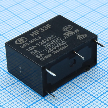 HF33F/005-HSL3F - Реле силовое 5А один контакт на замыкание катушка 5В повышенной чувствительности