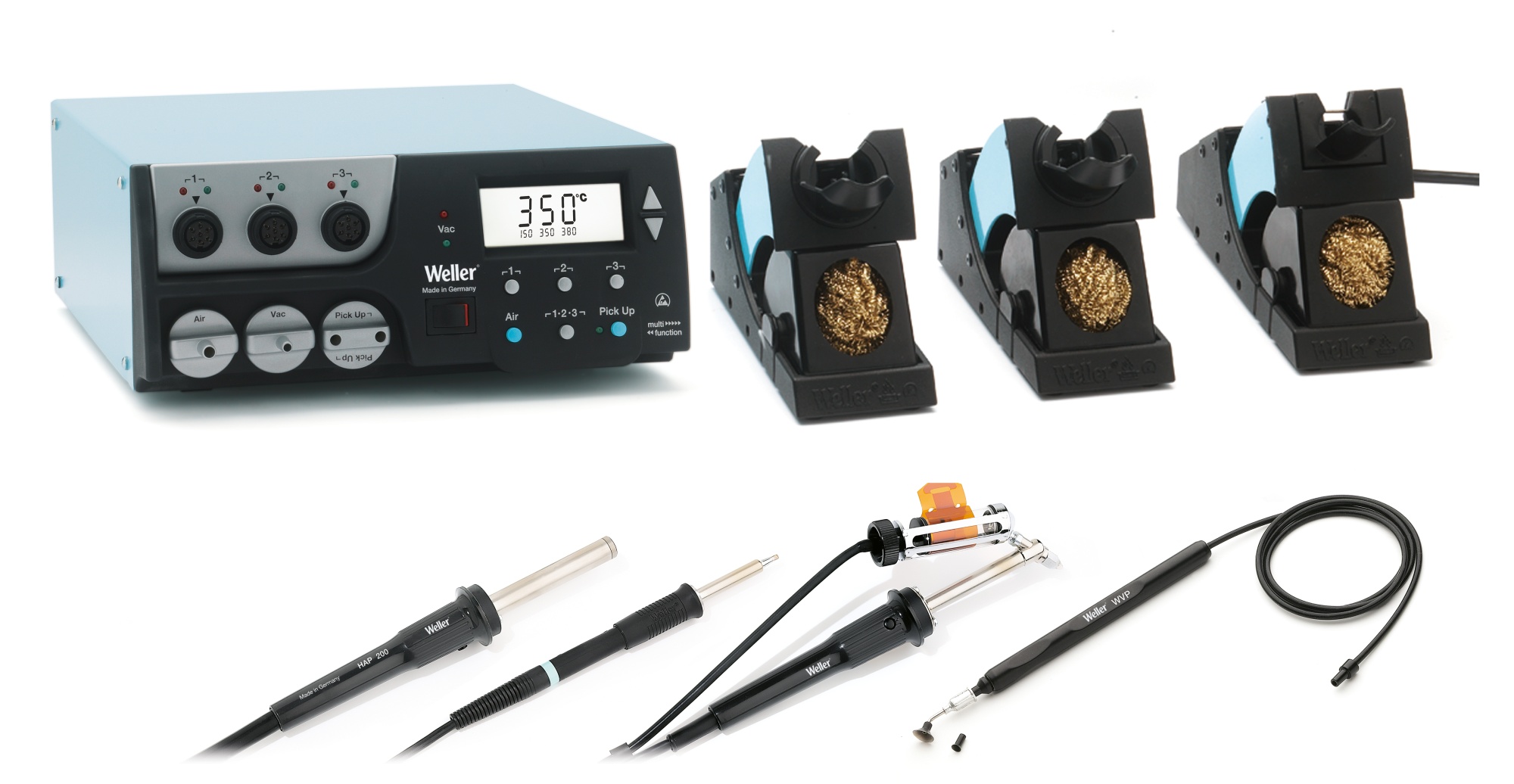 WR 3000M SET HAP200/DSX80/WP80 230V F/G - Цифровая трехканальная паяльная станция 420 Вт 220 В, в комплекте блок управления WR3M, паяльник WP80, подставка WDH10T, паяльник для отпайки DSX80, паяльник для пайки горячим воздухом HAP200, две подставки WDH30,