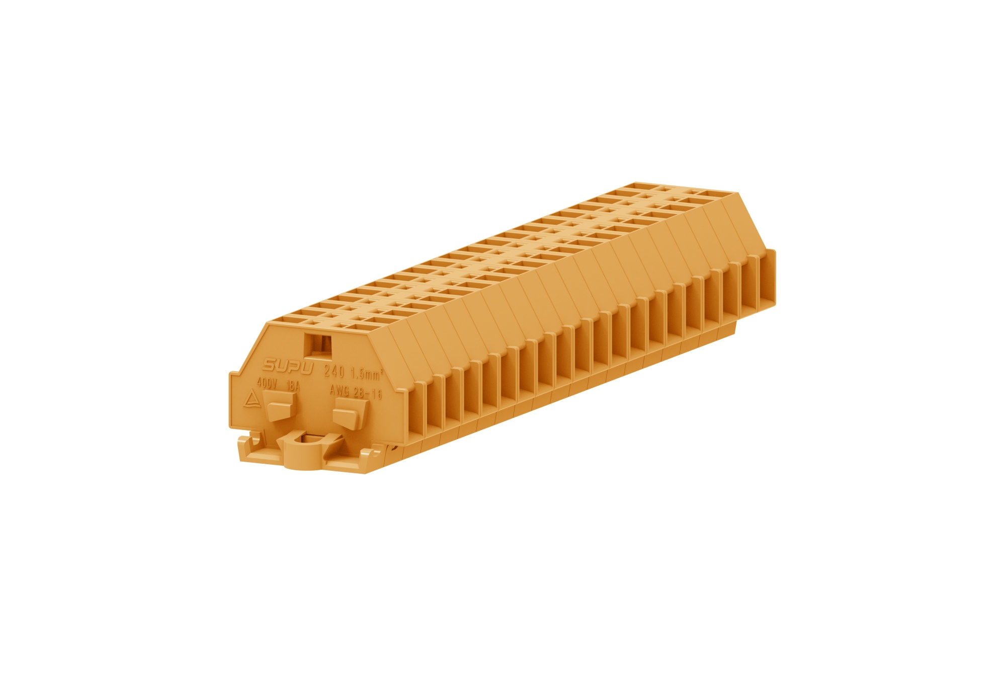 Клемма мини 240302 - Мини клемма, боковой подвод кабеля, 2 точки подключения в клемме, тип фиксации провода: пружинный, номинальное сечение: 1,5 мм кв., 18A, 400V, цвет: оранжевый, тип монтажа: монтажные фланцы