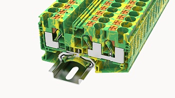 Заземляющая клемма DS10-TW-PE-01P-1C - Заземляющая клемма, 3 точки подключения, тип фиксации провода: Push-in, номинальное сечение: 10 мм кв., ширина: 10,2 мм, цвет: желто-зеленый, тип монтажа: DIN35