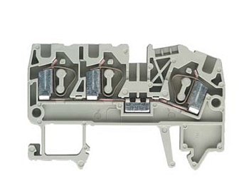 Клемма сдв. WKF 4 D1/2/35 - Проходная клемма, 3 точки подключения, тип фиксации провода: пружинный, номинальное сечение: 4 мм кв., 32A, 800V, ширина: 6 мм, цвет: серый, тип монтажа: DIN 35